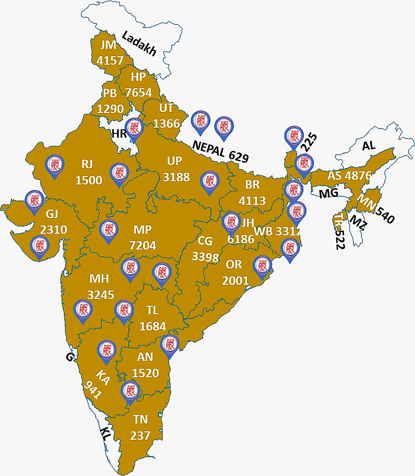 Map of India showing the number of Sanskar Kendras in each state